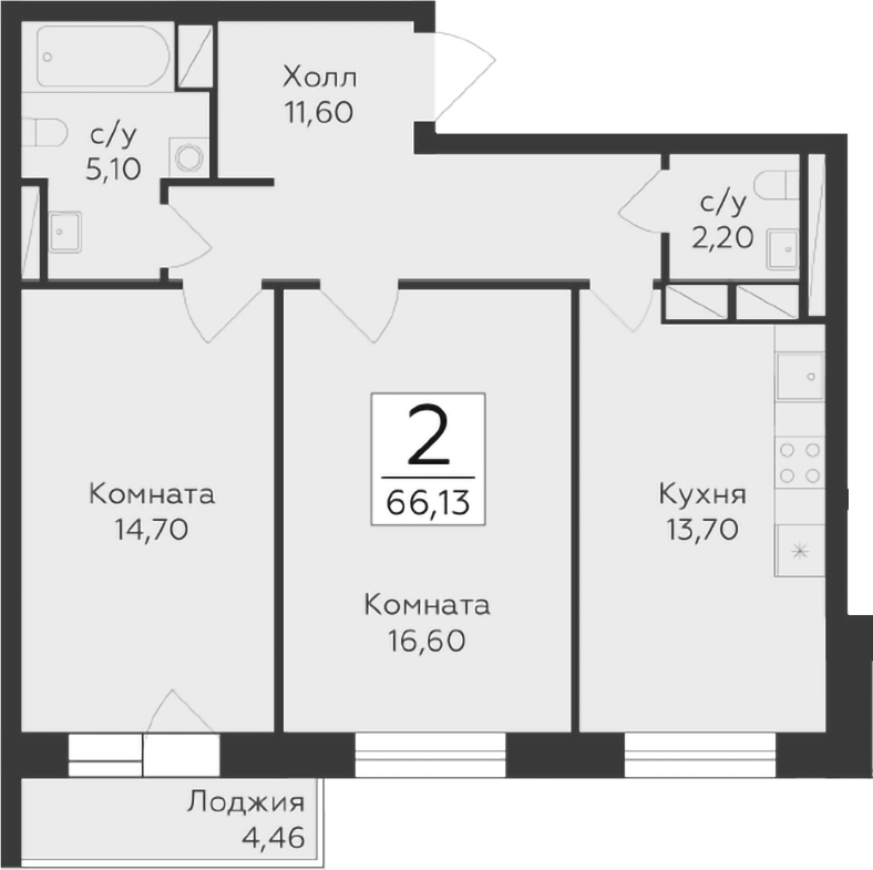 Планировка — Малаховский, 2-комн., 64 м²