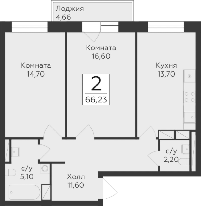 Планировка — Малаховский, 2-комн., 64 м²