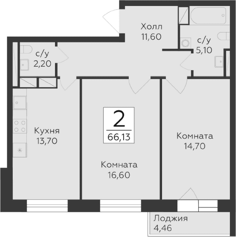 Планировка — Малаховский, 2-комн., 64 м²