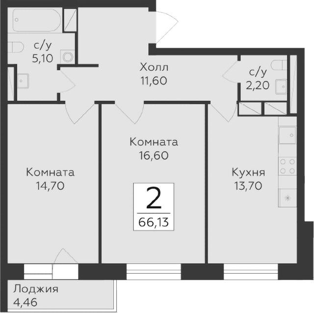 Планировка — Малаховский, 2-комн., 64 м²