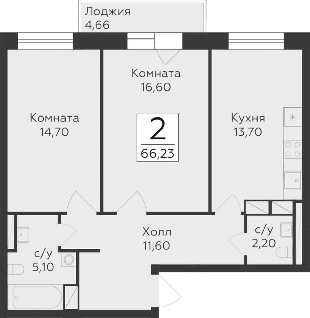 Планировка — Малаховский, 2-комн., 64 м²