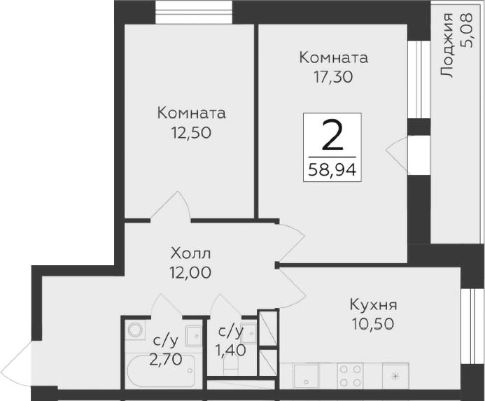 Планировка — Малаховский, 2-комн., 56 м²