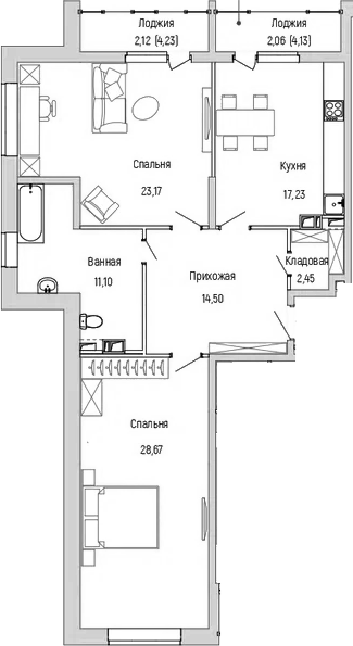 Планировка — Riga Hills, 2-комн., 97 м²