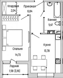 Планировка — Riga Hills, 1-комн., 43 м²