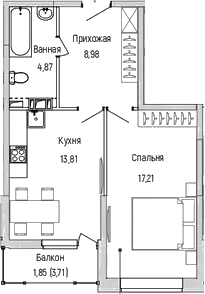 Планировка — Riga Hills, 1-комн., 45 м²