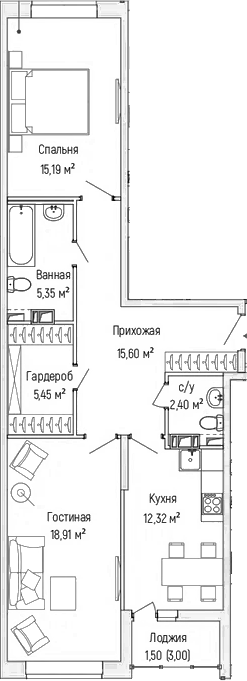 Планировка — Riga Hills, 2-комн., 75 м²