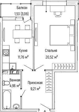 Планировка — Riga Hills, 1-комн., 46 м²