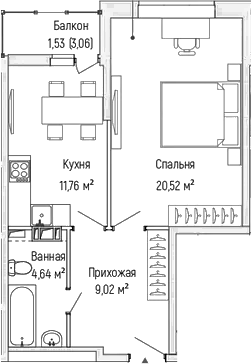Планировка — Riga Hills, 1-комн., 46 м²