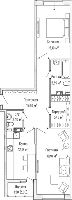 Планировка — Riga Hills, 2-комн., 75 м²
