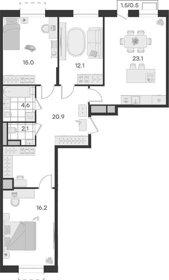 Планировка — Театральный, 4-комн., 94 м²