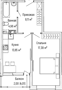 Планировка — Riga Hills, 1-комн., 45 м²