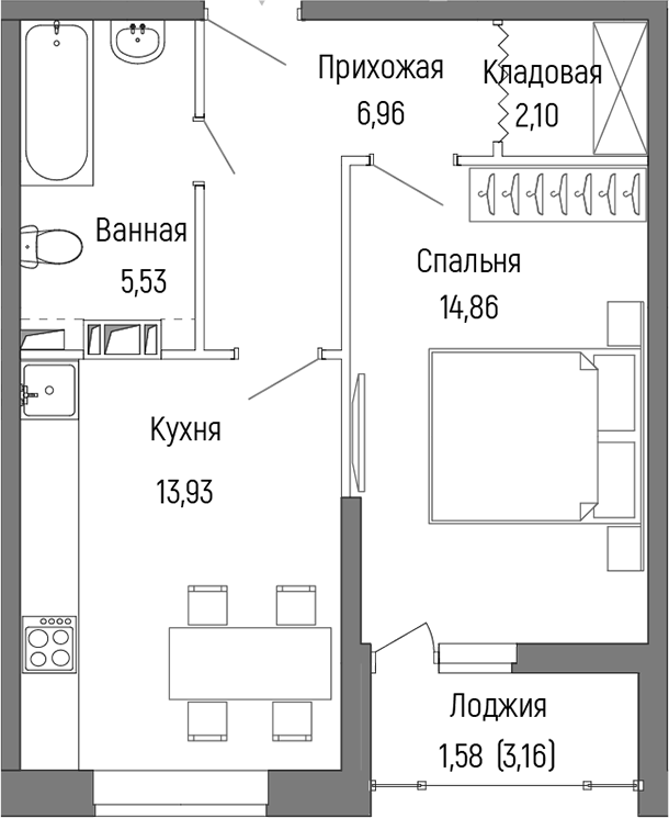 Планировка — Riga Hills, 1-комн., 43 м²