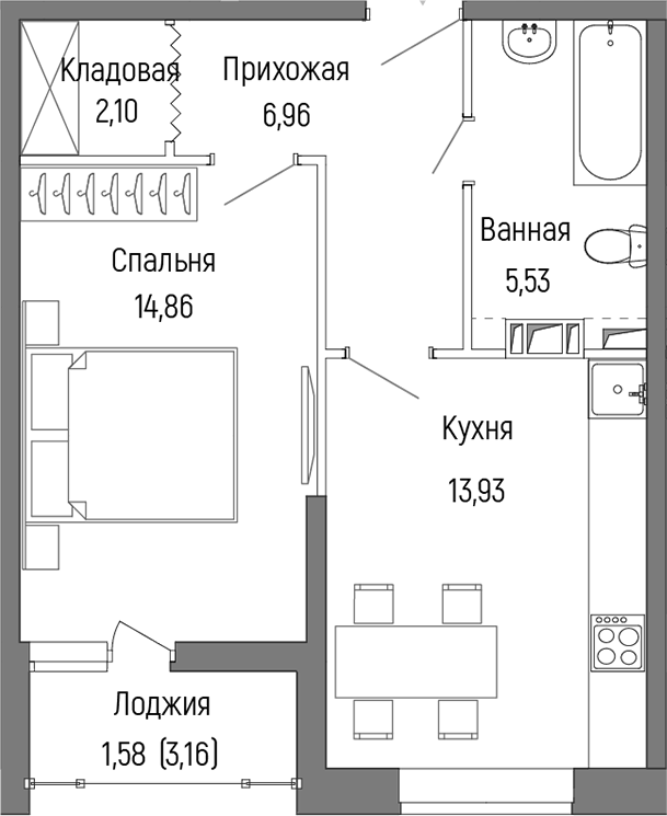 Планировка — Riga Hills, 1-комн., 43 м²