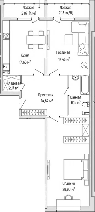 Планировка — Riga Hills, 2-комн., 87 м²