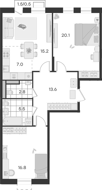 Планировка — Театральный, 3-комн., 81 м²