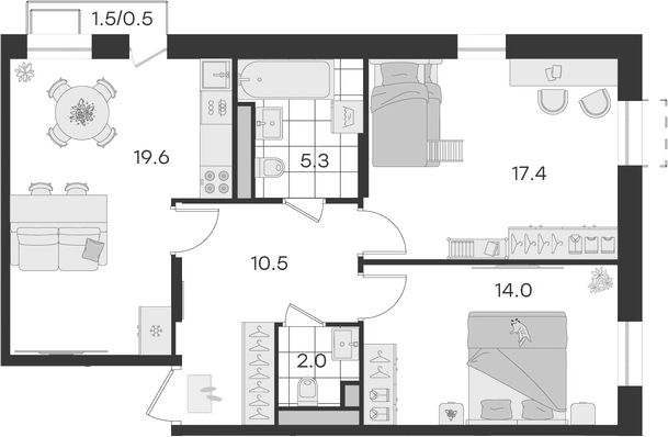 Планировка — Театральный, 2-комн., 69 м²
