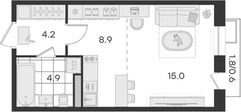 Планировка — Театральный, Студия, 33 м²