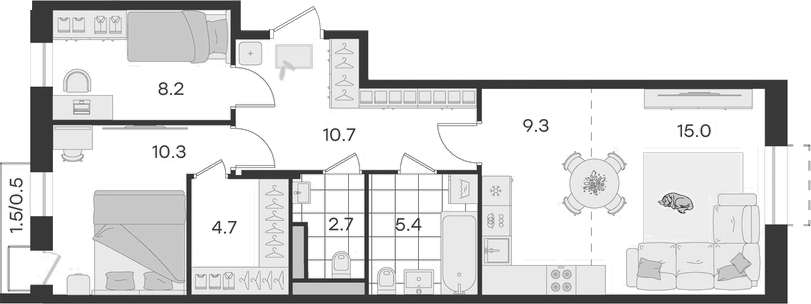 Планировка — Театральный, 3-комн., 66 м²