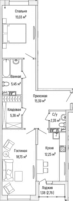 Планировка — Riga Hills, 2-комн., 75 м²