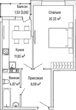 Планировка — Riga Hills, 1-комн., 46 м²