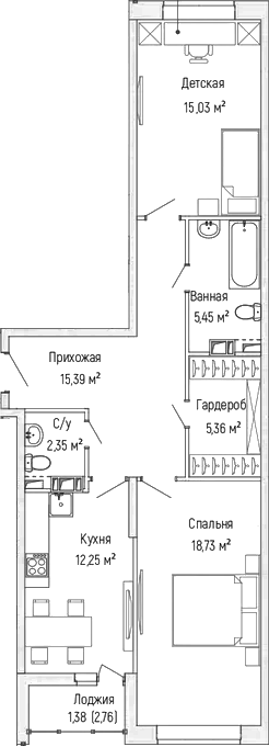 Планировка — Riga Hills, 2-комн., 75 м²