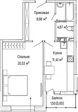 Планировка — Riga Hills, 1-комн., 46 м²