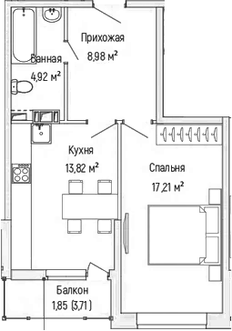 Планировка — Riga Hills, 1-комн., 45 м²