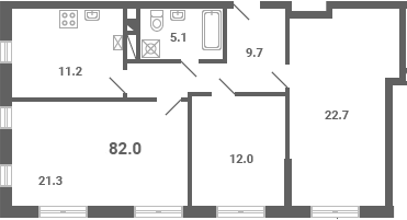Планировка — Южная Долина, 3-комн., 82 м²