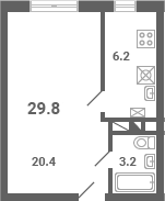 Планировка — Южная Долина, 1-комн., 30 м²
