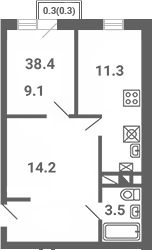Планировка — Южная Долина, 2-комн., 38 м²