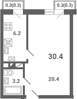Планировка — Южная Долина, 1-комн., 30 м²
