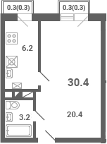 Планировка — Южная Долина, 1-комн., 30 м²