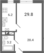 Планировка — Южная Долина, 1-комн., 30 м²