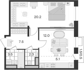 Планировка — Театральный, 1-комн., 51 м²