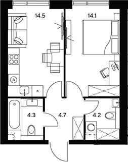 Планировка — НЕКСУС от Аквилон, 1-комн., 42 м²