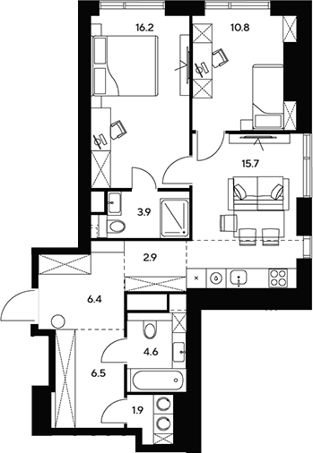 Планировка — НЕКСУС от Аквилон, 3-комн., 69 м²