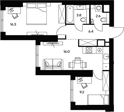 Планировка — НЕКСУС от Аквилон, 3-комн., 54 м²