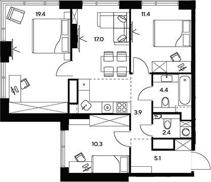 Планировка — НЕКСУС от Аквилон, 4-комн., 74 м²