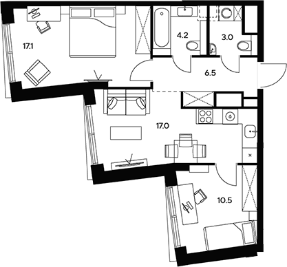 Планировка — НЕКСУС от Аквилон, 3-комн., 58 м²