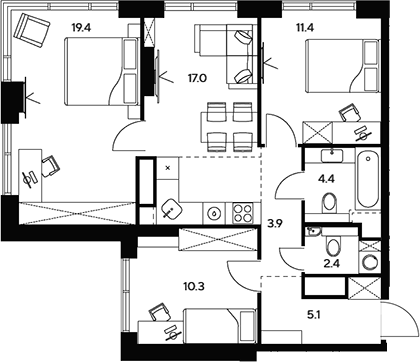 Планировка — НЕКСУС от Аквилон, 4-комн., 74 м²