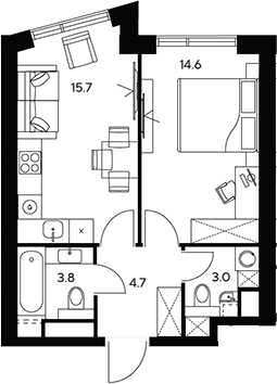 Планировка — НЕКСУС от Аквилон, 1-комн., 42 м²
