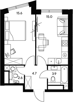 Планировка — НЕКСУС от Аквилон, 1-комн., 42 м²