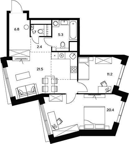 Планировка — НЕКСУС от Аквилон, 3-комн., 69 м²