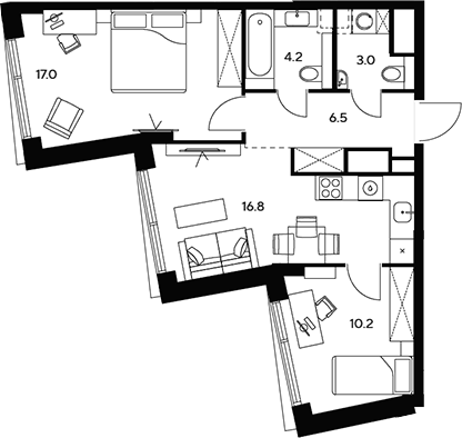 Планировка — НЕКСУС от Аквилон, 3-комн., 58 м²