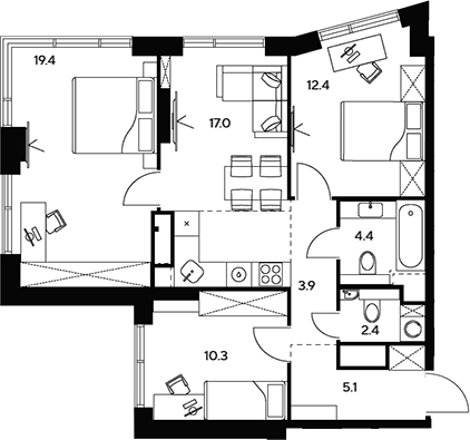 Планировка — НЕКСУС от Аквилон, 4-комн., 75 м²