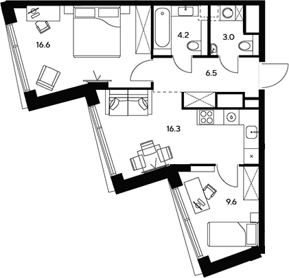 Планировка — НЕКСУС от Аквилон, 3-комн., 56 м²