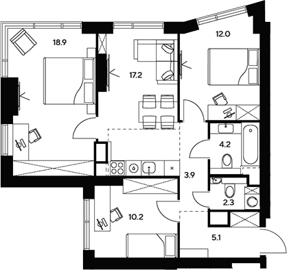 Планировка — НЕКСУС от Аквилон, 4-комн., 74 м²