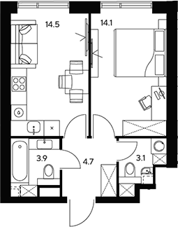 Планировка — НЕКСУС от Аквилон, 1-комн., 40 м²