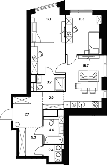 Планировка — НЕКСУС от Аквилон, 3-комн., 71 м²