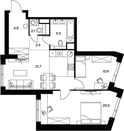 Планировка — НЕКСУС от Аквилон, 3-комн., 70 м²